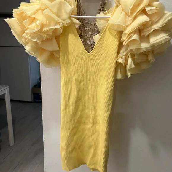 ZARA Organza Puff sleeve Bodycon Knit Mini Dress Yello... - Picture 5 of 5